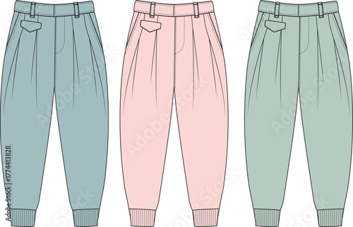Set of women's high-waisted tapered trousers with pleats and cuffs, shown in multiple colors. Fashion technical flat sketch vector illustration template