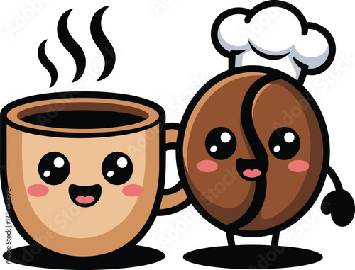 Cute Kawaii Coffee Mug and Coffee Bean Chef Cartoon Vector Illustration