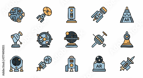 Space technology icons futuristic vector illustration flat design digital future augmentedreality science astronomy rocket satellite AR