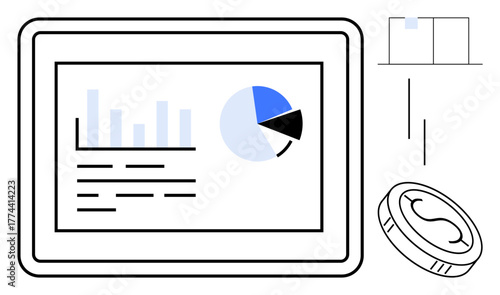 Tablet screen with bar graph, pie chart, and financial data. Coin and bar chart symbols nearby. Ideal for analytics, finance, investment, business, strategy planning progress tracking simple flat