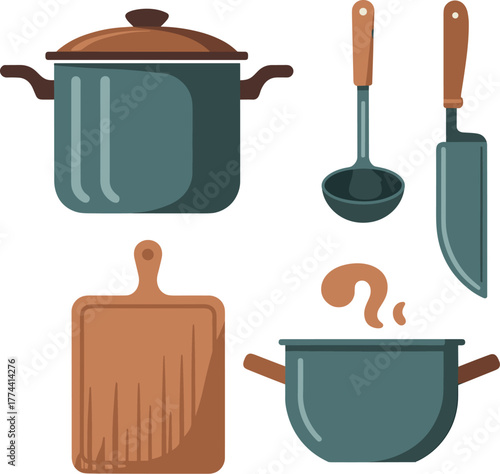 Flat Design Kitchen Cooking Utensils Set with Pot Knife Ladle and Cutting Board