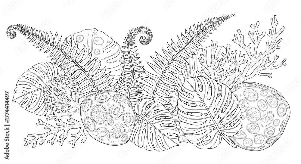 Delicate Line Art Pattern of Fern Fronds, Monstera Leaves, and Organic Nature Elements