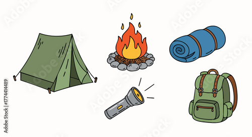 Collection of camping equipment essentials outdoor adventure items vector illustration flat design nature wilderness travel backpacker hike camp bonfire light gear