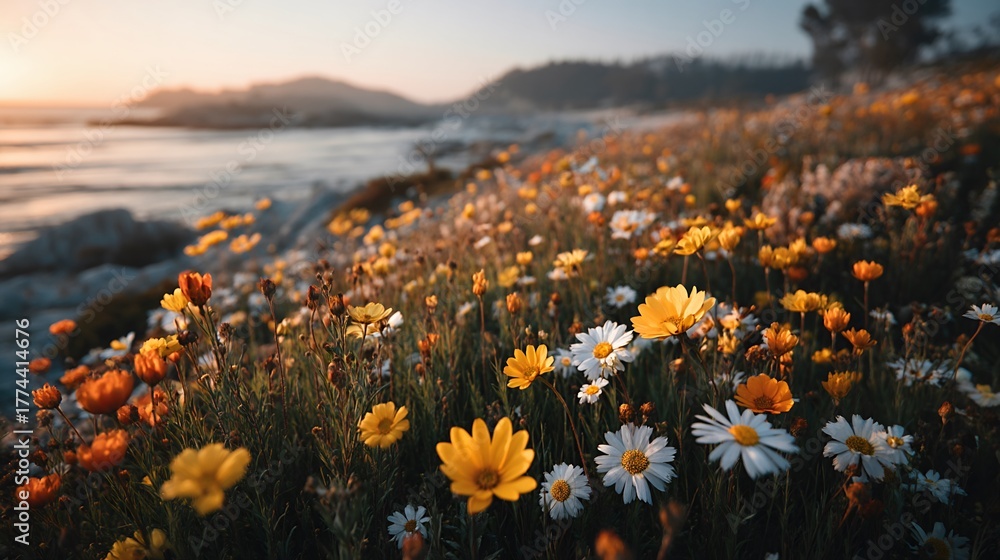 Fototapeta premium Charming wildflowers swaying gently by the water under a beautiful golden sky at dusk