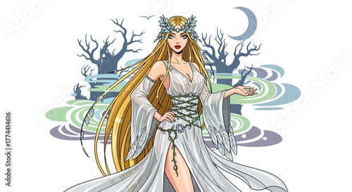 A long-haired blonde woman in a white dress stands in a mystical landscape with trees and a crescent moon.
