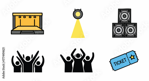 Music concert event elements flat design icon set vector illustration stage audience speakers ticket spotlight show performance festival live party entertainment