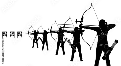 Silhouetted archers aiming bows at targets, demonstrating archery skills and precision.