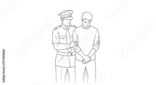 A police officer in uniform assisting a young, somber man.