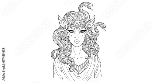 A detailed black and white illustration of Medusa, with snakes and intricate hair.