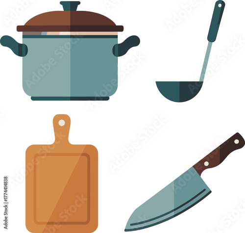 Flat Design Kitchen Cooking Utensils Set with Pot Ladle Knife and Cutting Board