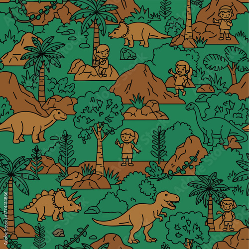 Seamless pattern children dinosaurs jungle exploration flat design vector illustration prehistoric cartoon kids adventure wild landscape nature cute doodle graphic