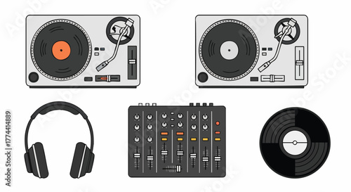 DJ music mixing equipment vector illustration set turntable mixer headphones vinyl record audio party club flat design graphic