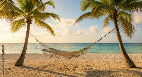 Peaceful Hammock Escape: Tranquil Beach Paradise Under Palm Trees with Ocean View, offering Serenity and Relaxation on Sandy Shores in