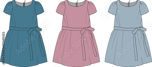 Technical flat sketch of a little girl's dress with puff sleeves and a sash belt, presented in a set of three different color options for apparel design