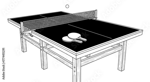 Table tennis setup with paddles and a ball in the air, rendered in a black and white illustration.