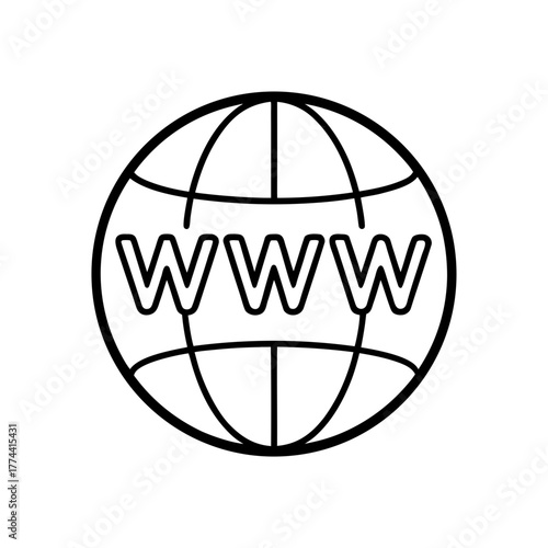 Outline of a globe with www written across the center on transparent background