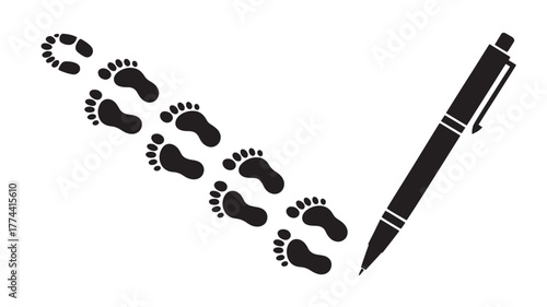 Footprints leading to a pen vector illustration for writing a story creating a path or following a journey