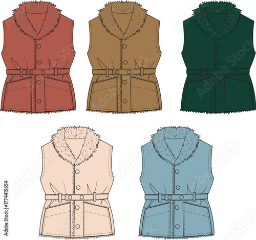 Stylish women's sleeveless vest with a cozy fur-lined collar and a cinched belted waist, presented in multiple color variations as a flat technical drawing for fashion design