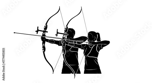 Silhouette of two archers aiming bows with arrows, ready to shoot targets.