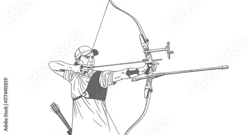 A person aims a bow and arrow during archery practice, focused and ready.