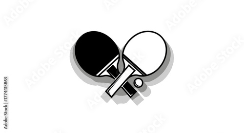 Two ping pong paddles, one black and one white, crossed with a ball.