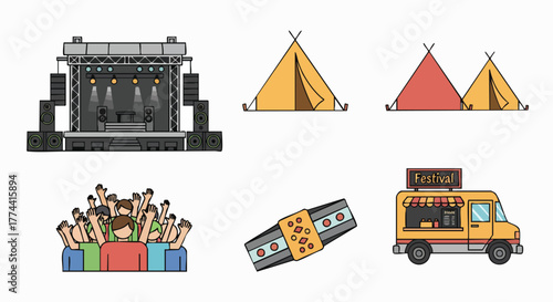 Music festival event elements set flat design outdoor concert camping food truck audience vector illustration