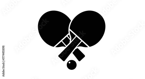 Two table tennis rackets crossed with a ball below, depicted in a simple black and white graphic.