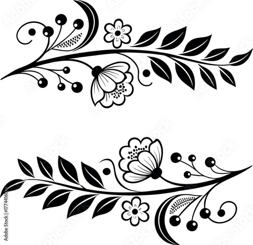 Elegant floral line art vector illustration featuring botanical design elements with leaves and blossoms, useful for invitations, logos, and decorative frames