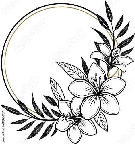 Elegant floral line art vector illustration featuring botanical design elements with leaves and blossoms, useful for invitations, logos, and decorative frames