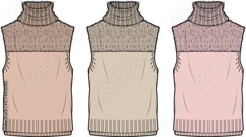 Sleeveless knit sweaters with turtleneck and textured yoke in three pastel shades