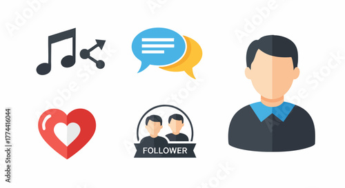 Modern social media communication engagement icon set flat design music share chat message user profile heart follower vector illustration