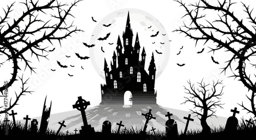 A spooky silhouette of a haunted castle with bats, graves, and bare trees under a full moon.