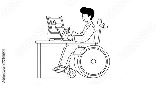 Man in wheelchair works at a desk using a tablet and computer, in a minimalist line drawing.