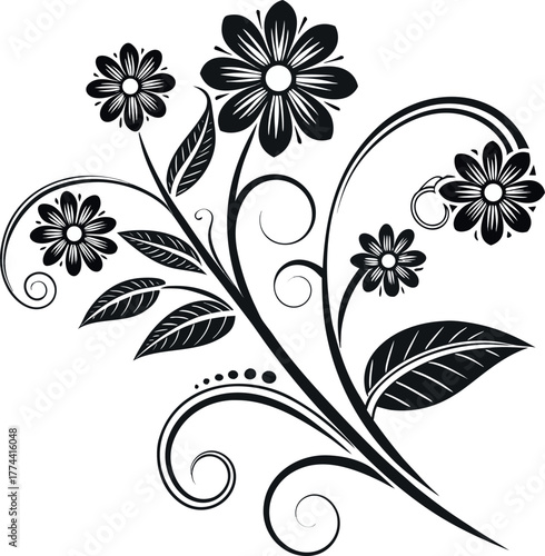 Elegant floral line art vector illustration featuring botanical design elements with leaves and blossoms, useful for invitations, logos, and decorative frames