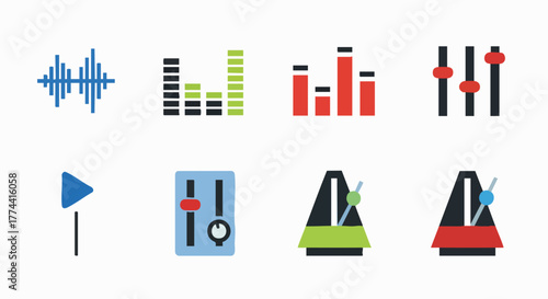 Digital music audio sound production equipment controls icon set vector illustration flat design equalizer metronome mixer player soundwave beat rhythm