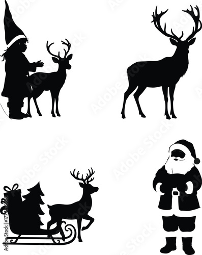 Classic christmas icons set with santa claus reindeer sleigh and elf figure for festive holiday designs
