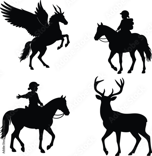Classic christmas icons silhouette set featuring pegasus reindeer and horse riders for festive design projects