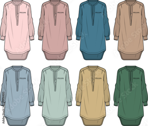 A collection of women's long-sleeved collared tunics in various pastel and earthy tones, showcasing a button-up front and subtle pocket detail