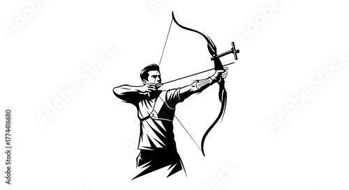 Archer aiming with bow and arrow, focused on target, in a vector illustration.
