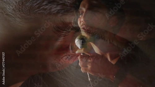 Male listener's eye filling view and reflecting singer bringing mic to lips singing performance