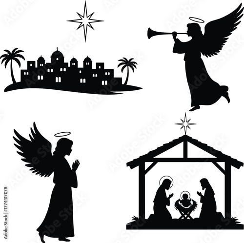 Classic christmas icons nativity scene angels bethlehem star holiday design elements
