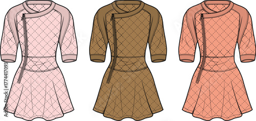 Collection of stylish women's quilted dresses in various colorways, featuring an asymmetrical zipper design and elegant three-quarter sleeves, perfect for modern casual fashion concepts