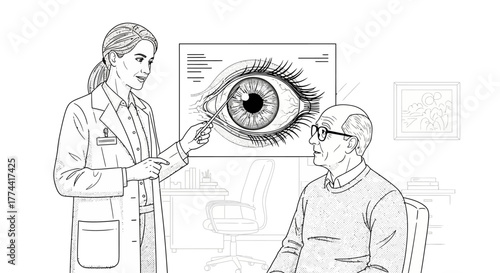 A doctor examines an elderly patient's eye with a diagram of the eye in the background.
