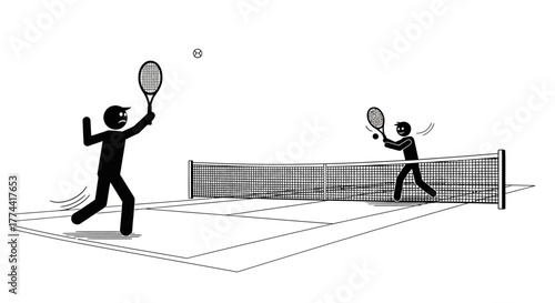 Two stick figures playing tennis on a court with a net, one serving the ball.