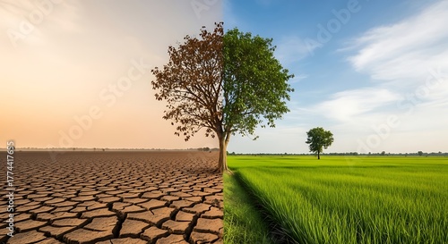 Tree divided showing contrast between drought and lush green growth