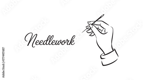 Elegant hand holding a needle minimalist line art illustration for sewing and needlework projects isolated on white background