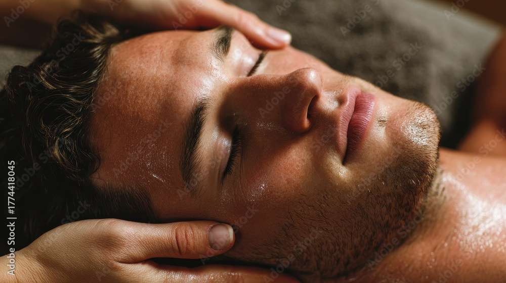 Fototapeta premium Young man receiving a facial massage in a spa