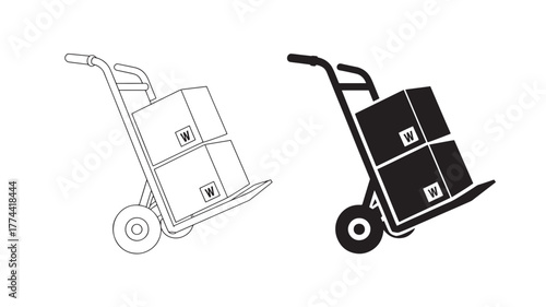 Hand truck with boxes vector illustration in outline and silhouette styles for delivery and moving services isolated on white