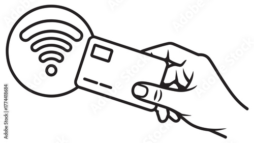 Hand holding a credit card for contactless payment simple line art vector icon for mobile app or website isolated on white background