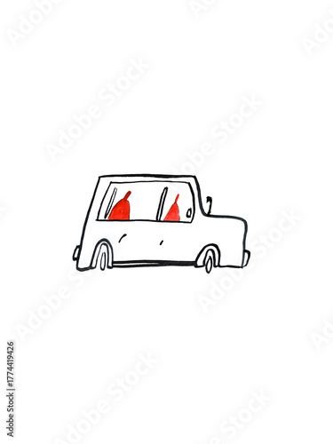 Road trip in car. Happy people tourists enjoying auto ride, travel, vacation adventure together. Family driving automobile, holiday journey. Hand paint watercolor stick figure illustration. 